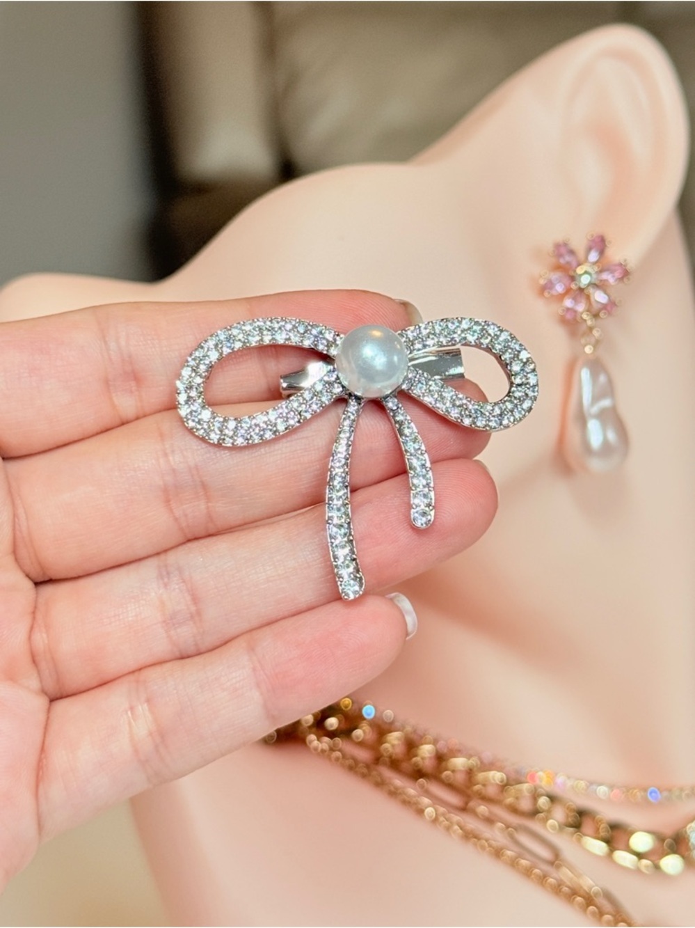 Silver Bow Brooch with Pearl and Crystals